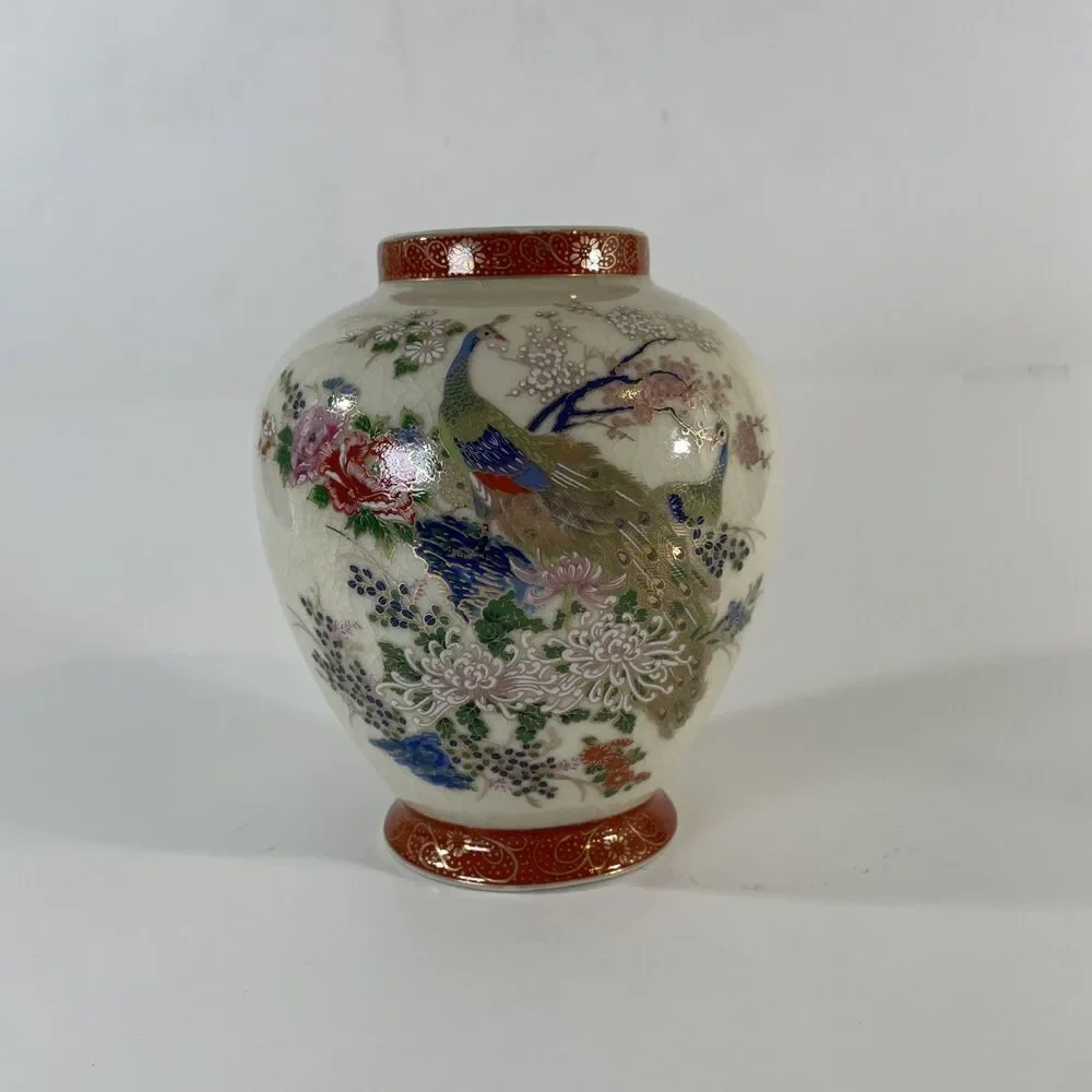 Vintage Japanese Satsuma Style Peacock Vase Crackle Glaze Made in Japan